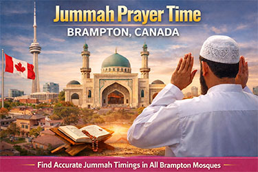 Muslim worshipper offering Jummah prayer with mosque view in Brampton Canada