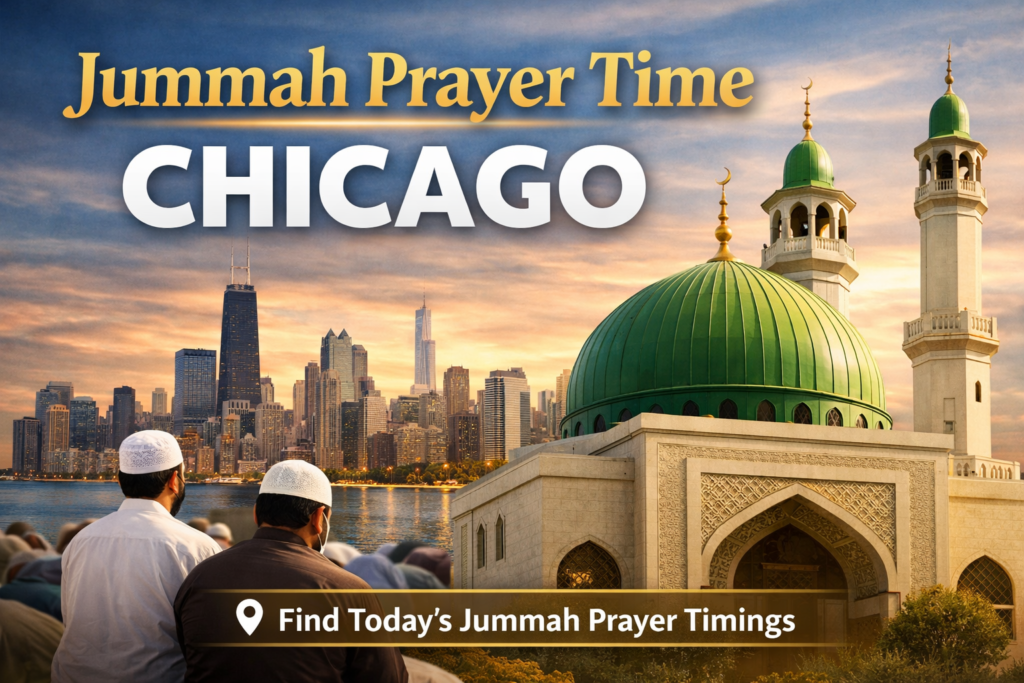 Jummah prayer time Chicago today with mosque and Chicago skyline